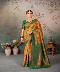 TENDANCE BANARASI Tissage de Soie Saree avec chemisier non cousu VÊTEMENT DE MARIAGE PRIX DE GROS VÊTEMENT ETHNIQUE JAUNE - Product Image 2
