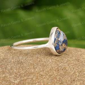 Natural <b>Lapis</b> <b>Lazuli</b> Copper Gemstone 10x14mm Pear Cabochon Solid 925 Sterling Silver High Quality Handmade Women's <b>Ring</b> - Product Image 2
