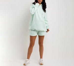 Ensemble de shorts de sport à capuche longs en tissu éponge uni pour femmes, manches longues, antibactérien, polyester/coton, coupe ample décontractée, printemps été - Product Image 2