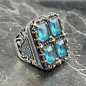 Handmade Men's Silver Large Aquamarine <b>Ring</b> Unique Square Large Gemstone <b>Ring</b> for Winter Sale <b>Turquoise</b> Aquamarine <b>Ring</b> - Product Image 1