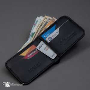 กระเป๋าสตางค์หนังแท้แบบพับได้ รุ่นคลาสสิค หมายเลข 55 ทำมือ พร้อมช่องใส่เงินสดสองช่อง ปิดแบบเปิด ป้องกันการโจรกรรม สีดำ - Product Image 1