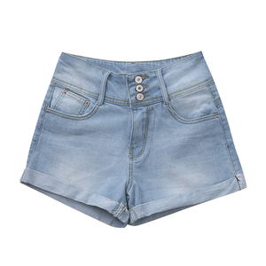 Pantalones cortos de mezclilla de algodón puro personalizados OEM/ODM para mujer, pantalones vaqueros cortados de tiro medio, estilo recto, ropa de calle informal de verano, cintura lavada con logotipo - Product Image 1