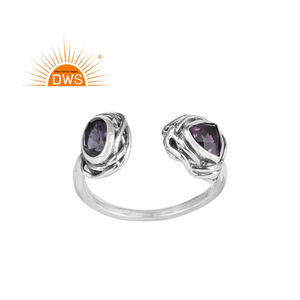 Nouvelle bague ajustable élégante en argent sterling oxydé avec pierres précieuses naturelles Iolite et Améthyste – Fabricant de bijoux sur mesure - Product Image 1