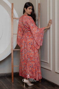 Femmes décontracté Boho Style multicolore Maxi robe de soirée col en V à plusieurs niveaux manches évasées à volants déco fente vacances naturelles - Product Image 4