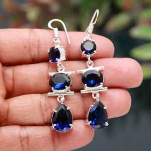 Pendientes de Iolita Facetada en Plata de Ley 925 Chapada en Oro, con Gema Azul, Joyería Solitaria Hecha a Mano, Regalo de Aniversario - Product Image 1