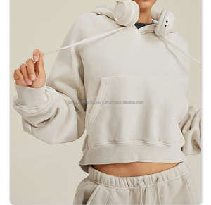 เสื้อฮู้ดสวมหัวสำหรับผู้หญิงเสื้อมีฮู้ดแบบสวมหัวผ้าฟลีซธรรมดาพิมพ์ลายพัฟผ้าฝ้าย355GSM - Product Image 4