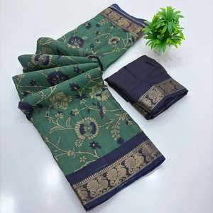 Saris en coton doux et soyeux avec motif floral en point de croix, bordures contrastées en zari, blouse comme sur la photo - Product Image 5