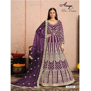 Elegante pesado Anarkali vestido largo Salwar Kameez vestido mujeres indio paquistaní bordado secuencia trabajo Red boda estaciones fiestas - Product Image 1