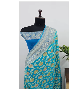 Sari Banarasi de Chifón Khaddi Puro, Auténtica Artesanía de Telar, Detalles Intrincados de Zari, Lujoso y Suave para Fiestas - Product Image 4