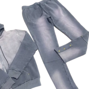 Ensemble survêtement gris délavé à l'acide avec fermeture éclair pour homme, veste en molleton vintage, pantalon de survêtement, tenue décontractée streetwear d'hiver - Product Image 6
