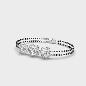 IGI Certified Lab Grown Three Stone Round Halo Diamond Mangalsutra <b>Bracelet</b> in <b>Solid</b> 925 Sterling <b>Silver</b> - Product Image 3