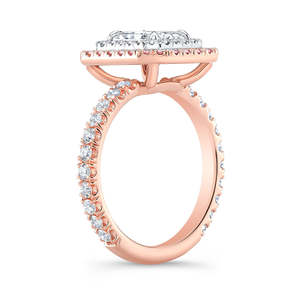Bague de fiançailles pour femme en moissanite taille radiant, plaqué platine, or rose, double halo, sertissage à griffes, géométrique, classique, de luxe - Product Image 5