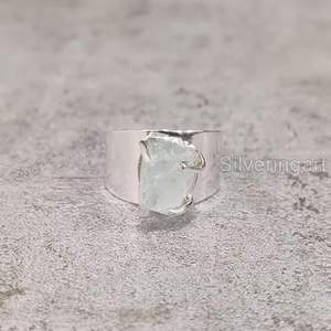 Anillo de Plata de Ley 925 con Piedra Preciosa de Aguamarina Natural, Anillo de Banda Ancha, Joyería Hecha a Mano para Navidad, Piedra de Nacimiento de Marzo - Product Image 2