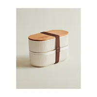Boîte à lunch réutilisable Magou 1000 ml sans BPA, compatible micro-ondes, à deux niveaux, avec couvercle en bois, design moderne, lot de 2 pièces