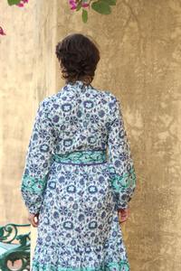 Nueva llegada mujeres Casual Floral bloque estampado vestido con cuello en V Midi Vintage Puffi mangas con cinturón vestido elegante - Product Image 2