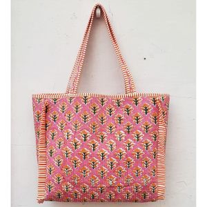 Summer Autumn Spring Travel Shopping Quilted Tote <b>Bag</b> for Pink Hand Block Printed with Elegant Ruffled <b>Sides</b> Stylish Zipper - Product Image 2