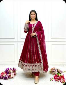 Ensemble de costume Anarkali brodé rose Rani de créateur avec dupatta, tenue de fête festive, robe ethnique pour femmes - Product Image 2