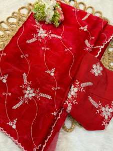 Saree exclusif au look de créateur avec chemisier sari élégant, élégant, fantaisie, ethnique, dernière boutique indienne à la mode, tenue de fête, saree rouge - Product Image 4