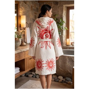Peignoir à capuche en coton biologique 100% Varol, robe décontractée tissée, robe de plage - Style Heliona V1 - Product Image 2