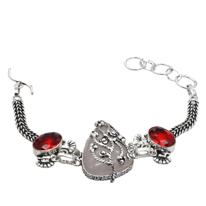 Bracelet à Maillons en Laiton Plaqué Argent Antique Unisexe, Cristal Naturel, Grenat Rouge, Pierre de Lune - Product Image 1