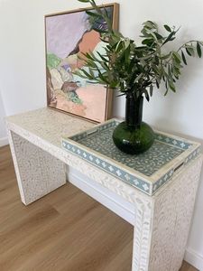 BANDEJA DE INCRUSTACIONES ÚNICA BANDEJA DE SERVICIO HECHO A MANO INCLUSIÓN DE HUESO DE LUJO Ramadán Desayuno Comida Fruta Café Té Bandeja decorativa - Product Image 3