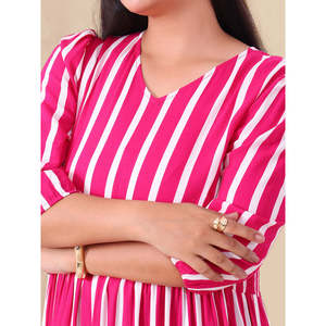 Deebaco Robe longue rayée grande taille pour femme avec manches bouffantes, col en V, coupe trapèze, longueur au sol, style décontracté à volants, pour femme, style western - Product Image 2