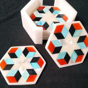 Round white marble <b>coasters</b> <b>with</b> floral mother of pearl inlay handmade natural stone drink <b>coaster</b> <b>set</b> <b>with</b> marble <b>holder</b> dining - Product Image 2