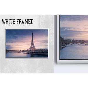 Impresión en lienzo del atardecer de la Torre Eiffel: fotografía de París, río Sena, lienzo con marco blanco 1P - Product Image 1