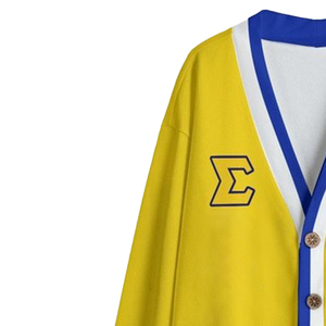 Cárdigan de estilo universitario tejido Sigma Gama Rho Sorority chaqueta amarillo azul rayas emblema cuello en V botón Decoración - Product Image 2