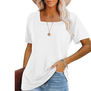 T-shirt blanc décontracté à manches courtes et col carré pour femmes, conception d'impression de broderie de couleur unie, logo en toile de polyester - Product Image 1