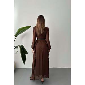 Vestido de Gasa Marrón con Cinturón - Marrón - Product Image 4