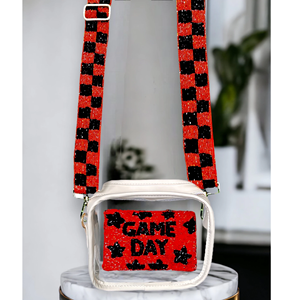 Bandoulière unique de broderie de perles de rocaille noires rouges avec la sangle de sac perlée de style tribal fait à la main de conception personnalisée avec des extrémités de crochet - Product Image 1