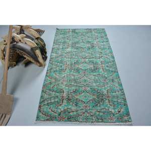 พรมถักตุรกี3.3 x 6.3ft วินเทจสีเขียวเบจผ้าขนสัตว์ลาเท็กซ์การเย็บปะติดปะต่อกันเหมาะสำหรับวัยรุ่นพรมปอกระเจาสี่เหลี่ยมผืนผ้า - Product Image 1