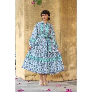 Nueva llegada mujeres Casual Floral bloque estampado vestido con cuello en V Midi Vintage Puffi mangas con cinturón vestido elegante - Product Image 1