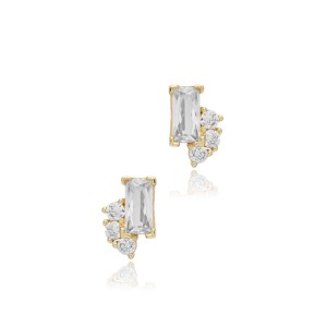 Tiny Clear Zircon Stone Baguette Charm Earrings Turkish Handmade Gold Plated 925 Sterling <b>Silver</b> Jewelry for Party & Gift - Product Image 3