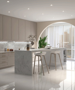 Plans de travail personnalisés en quartz artificiel Calacatta Carrara pour cuisines et salles de bain, prédécoupés pour projets hôteliers, garantie 1 an - Product Image 1