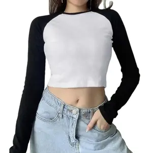 Groothandel Vrouwen Raglan Uit Dragen Honkbal Lange Mouw Twee Tone T-Shirt Vrouwen T-Shirts Crop Top T-Shirts Aangepaste Maten 2023