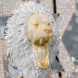 Personalizado 3D corona cabeza de león VVS Moissanite diamante colgante Iced Out 925 Plata 18K chapado en oro colgante collar cadena para hombre