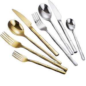 Cubiertos de cocina para el hogar, cubiertos personalizados con mango de bambú con acabado dorado plateado para fiesta de boda, cubiertos de acero inoxidable de Metal - Product Image 1