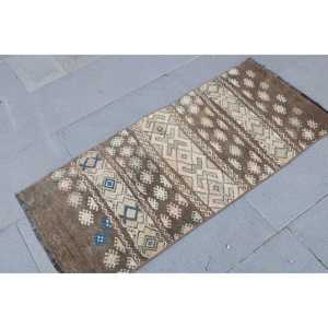 Turkish Vintage Small Rug 1.7x4 ft, <b>Brown</b> Blue Polka dot <b>Wool</b> Rug - Product Image 3