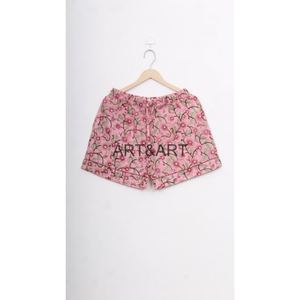 Pyjama court d'été pour femmes ensemble main bloc imprimé coton vêtements de nuit doux avec caractéristique thermique fait à la main pour les femmes - Product Image 6