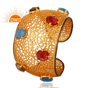 กำไลข้อมือพลอยคาลซิโดนีชุบทอง22K เคลือบสีฟ้าและสโมคกี้ดีไซน์ทำด้วยมือล่าสุด - Product Image 3