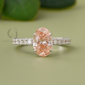 Anillo de compromiso con halo de diamantes cultivados en laboratorio de 2.04 ct, color rosa intenso, corte ovalado, banda pavé brillante, joyería única para aniversario. - Product Image 1