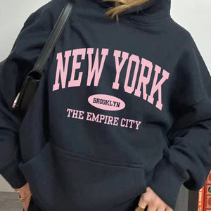 Sweat à capuche à manches longues pour femmes avec cordon de serrage Simple imprimé coupe régulière poche décontracté pour printemps/automne - Product Image 1