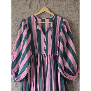 Grey Stripe Maxi <b>Elastic</b> Waist Collared Neck Woven Loose Breathable Solid Floor-Length Leisure Day Holidays Celebrations XL - Product Image 6