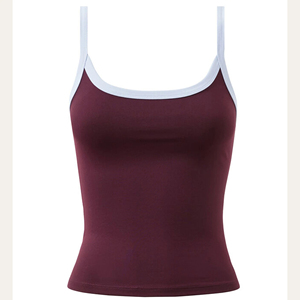 Camiseta sin mangas para mujer, color burdeos, con ribete en contraste blanco, tirantes finos, alta elasticidad, ajustada, para verano, camisola. - Product Image 1