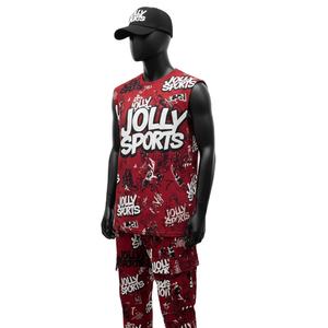 Conjunto de dos piezas sin mangas para hombre, tela deportiva de poliéster de 190 GSM, suave y transpirable, camiseta sin mangas con impresión de logotipo personalizado en rojo y para hombre - Product Image 4