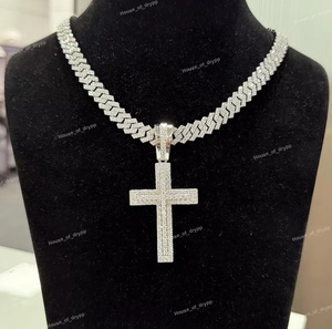Pendentif croix serti de diamants glacés de luxe avec chaîne cubaine, diamant moissanite VVS, argent 925, collier hip hop - Product Image 4