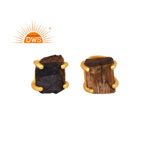 Último diseño hecho a mano 18K chapado en oro Natural amarillo Ojo de Tigre piedra preciosa Stud pendiente Demi joyería fina fabricante - Product Image 1