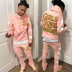 Sweat Jogger pantalones apilados conjunto de chándal personalizado Puff estampado Crop Top Sudadera con capucha Flare pantalones de chándal 100% algodón secado rápido hombres - Product Image 6